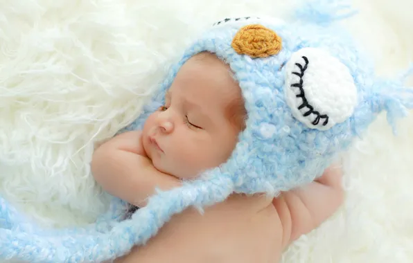 Сова, ребенок, малыш, спит, шапочка, младенец, голубая
