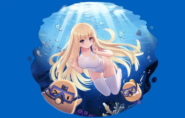 Girl, sexy, thighhighs, long hair, ocean, anime, blue eyes, beautiful