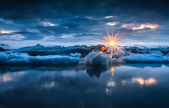 Картинка лед, зима, море, солнце, рассвет, айзберги
