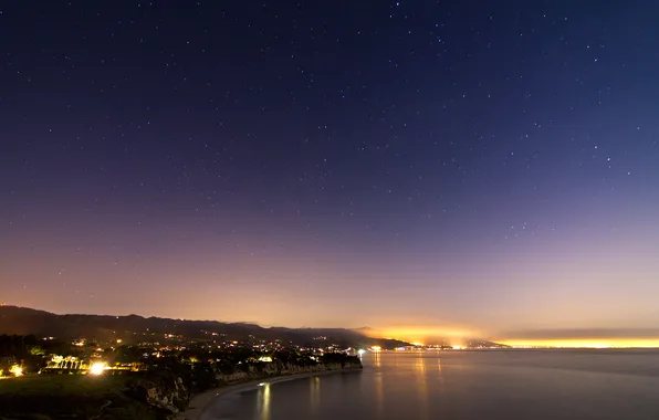 Картинка море, небо, огни, побережье, звёзды, California, Malibu