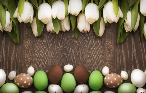Картинка Пасха, тюльпаны, white, wood, tulips, spring, Easter, eggs