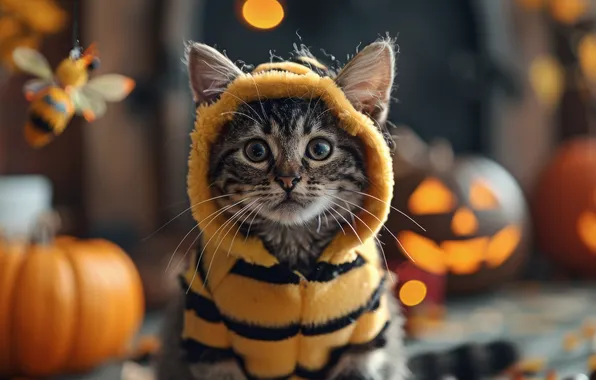 Кошка, кот, поза, пчелы, костюм, тыквы, Хэллоуин, мордашка
