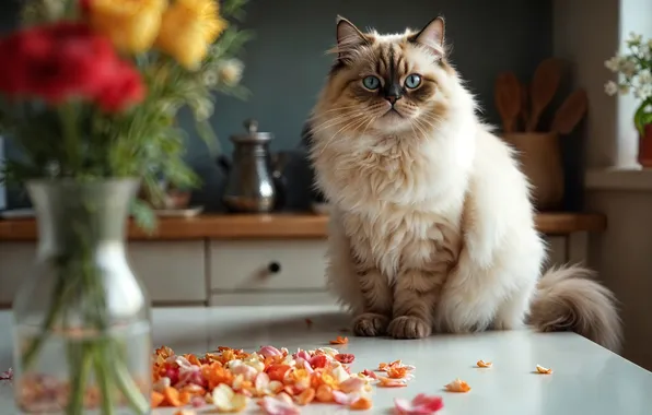 Кошка, кот, взгляд, свет, цветы, поза, стол, букет