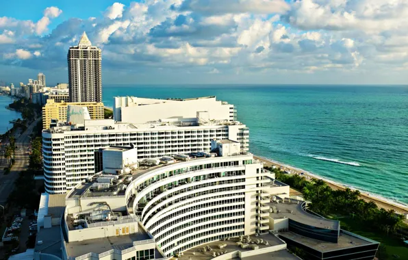 City, beach, tower, ocean, sunset, miami beach, buildings, miami