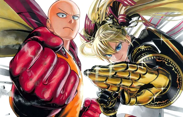 Девушка, аниме, лысый, перчатки, плащ, двое, стойка, One Punch Man
