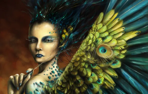 Картинка девушка, перо, крылья, перья, фэнтези, арт, павлина