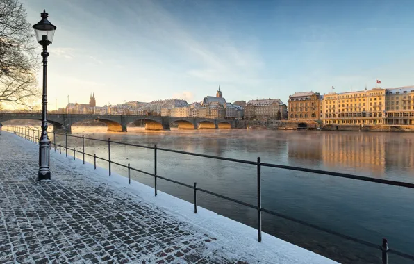 Снег, мост, река, утро, Швейцария, набережная, Basel, Mustermesse