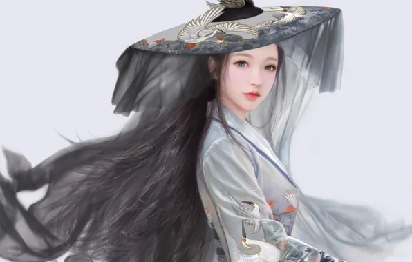 Картинка шляпа, серый фон, длинные волосы, вуаль, журавли, кореянка, серый костюм, by Ruoxin Zhang