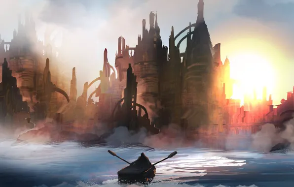 Atlantis, Рисунок, Город, Человек, Лодка, Пейзаж, Арт, Landscapes