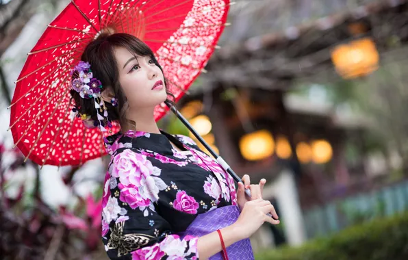Картинка девушка, зонтик, кимоно, азиатка