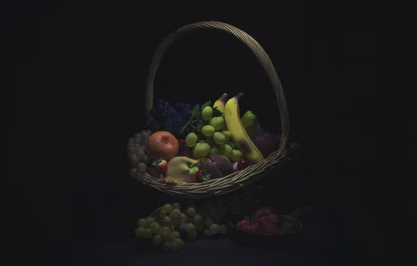 Ягоды, фрукты, натюрморт, корзинка, чёрный фон