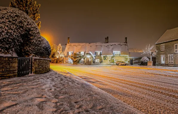 Зима, снег, ночь, огни, Англия, деревня, Соединенное Королевство, графство Кембриджшир