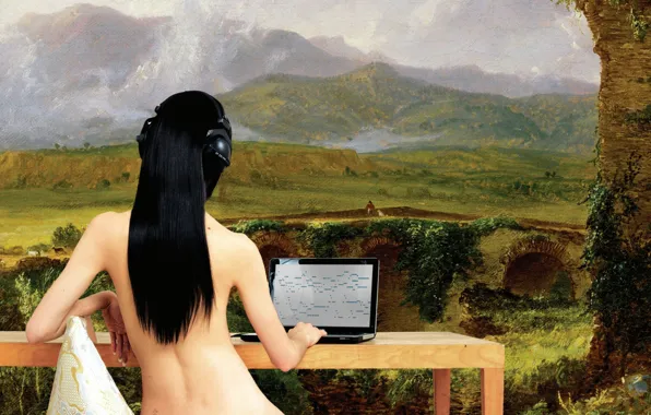 Девушка, волосы, картина, наушники, ноутбук, indie, ramona lisa, beyerdynamic