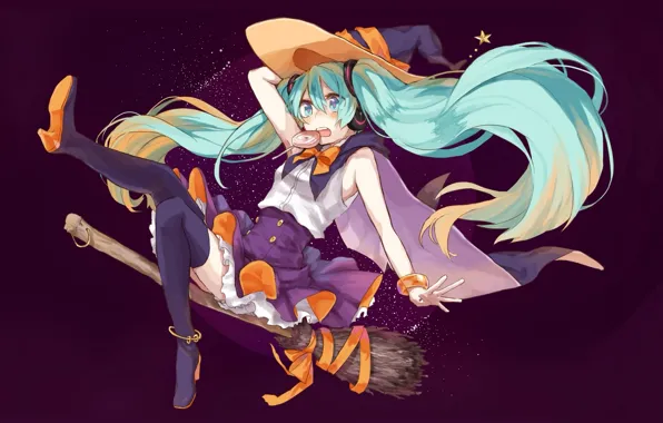Полет, Halloween, метла, плащ, vocaloid, Hatsune Miku, вокалоид, голубые волосы