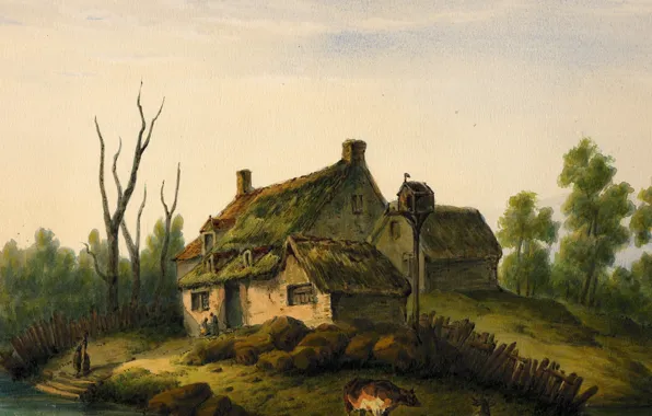 House, river, cow, bank, circa 1850, Watercolor, poor