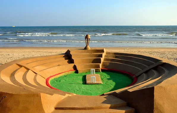 Картинка песок, море, берег, Индия, макет, стадион, крикет, Одисса