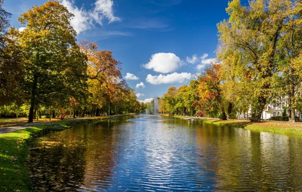 Картинка осень, деревья, парк, река, аллея, фонтаны
