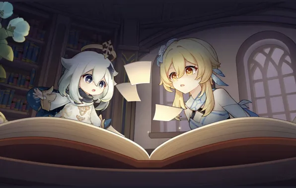Цветы, удивление, книга, библиотека, листочки, Genshin Impact, Lumine, Paimon