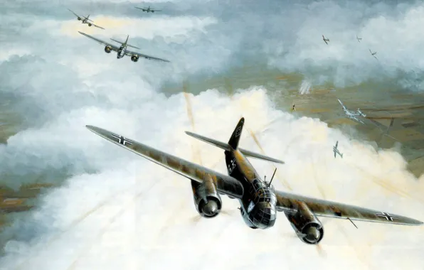 Картинка bomber, war, art, airplane, painting, aviation, ww2, Junkers Ju 88