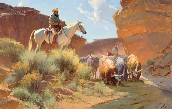 Картинка река, лошадь, картина, коровы, ковбой, водопой