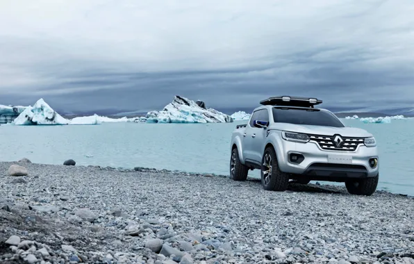 Картинка камни, берег, серебристый, льды, Renault, пикап, 2015, Alaskan Concept