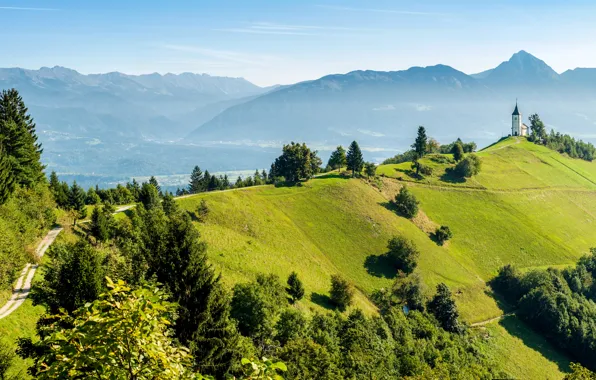 Картинка дорога, поле, лес, трава, деревья, горы, склон, часовня