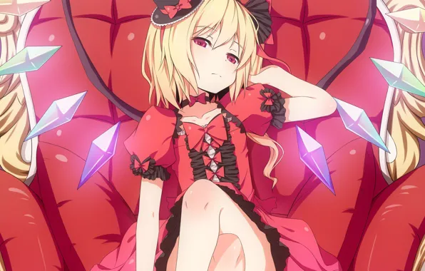 Крылья, кресло, кристаллы, шляпка, бантики, сидит, красное платье, touhou