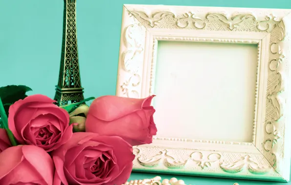 Картинка цветы, розы, рамка, Paris, vintage, pink, винтаж, flowers