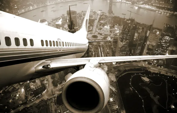 Картинка город, высота, крыло, турбина, Шанхай, самолёт, twilight, Airplane