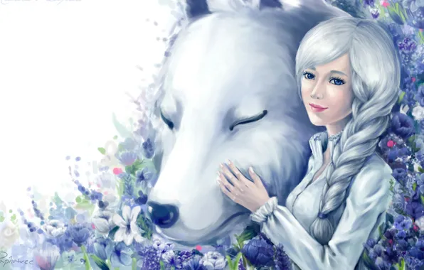 Картинка девушка, цветы, собака, арт, белая