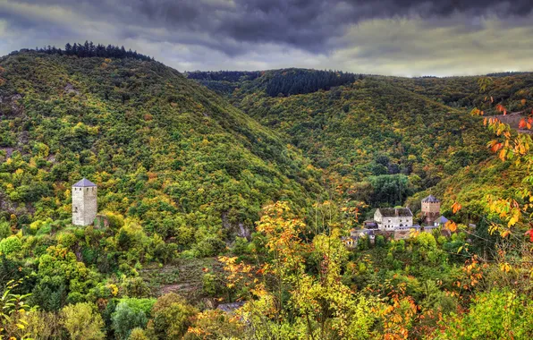 Осень, лес, горы, замок, Германия, Treis-Karden, Wildburg