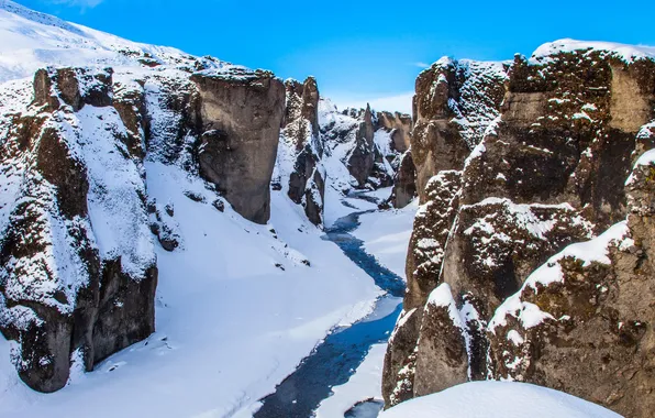 Картинка зима, снег, река, скалы, Исландия
