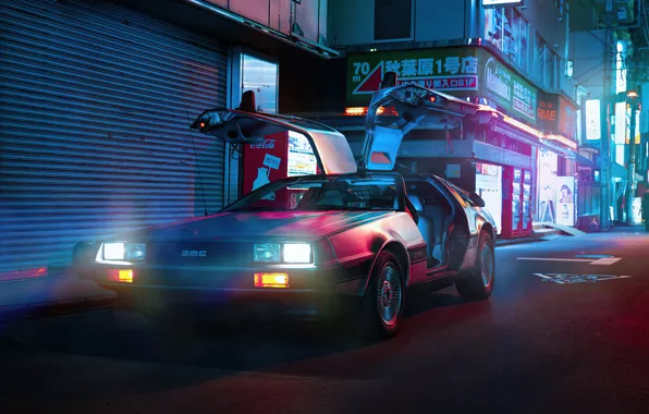 Ночь, Улица, Свет, Фары, Назад в будущее, DeLorean DMC-12, Back To The Future