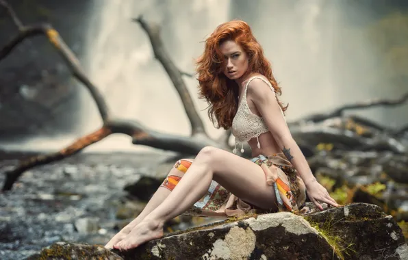 Взгляд, девушка, модель, волосы, камень, рыжая, girl, топ
