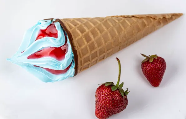 Ягоды, клубника, мороженое, рожок, сладкое, Ice cream