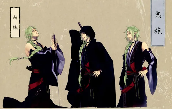 Картинка эльф, катана, иероглифы, коса, кимоно, серый фон, зеленые волосы, мечник