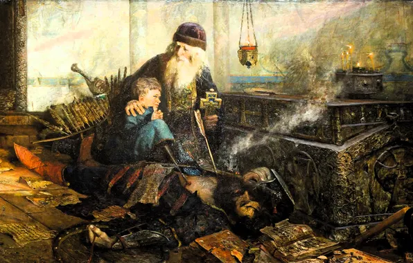 Дым, книги, ребенок, крест, картина, мальчик, стрелы, священник