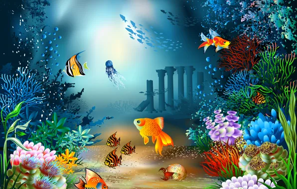 Картинка море, рыбки, краб, медуза, вектор, дно, ракушка, кораллы
