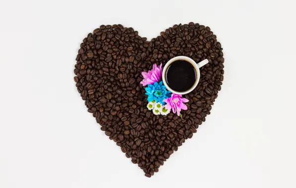 Любовь, цветы, сердце, кофе, зерна, love, heart, pink