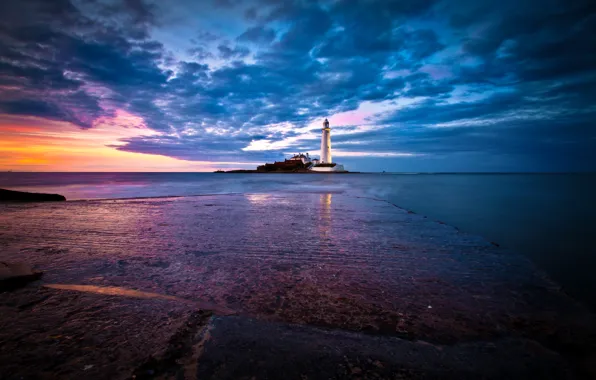 Картинка море, небо, рассвет, побережье, маяк, Англия, горизонт, St. Marys Lighthouse