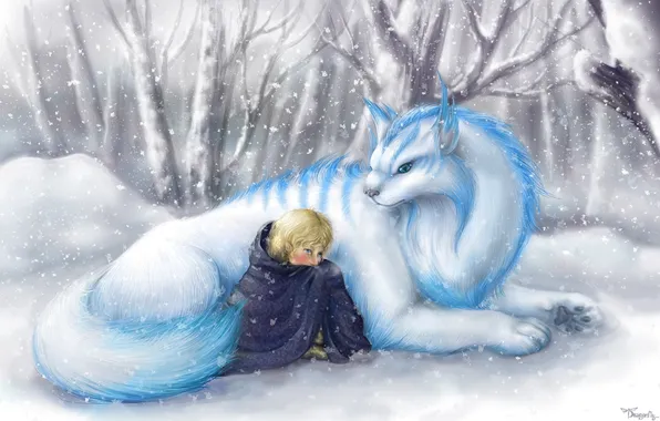 Картинка зима, снег, эльф, существо, зверь
