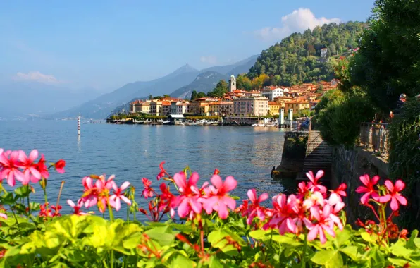Картинка небо, цветы, горы, город, озеро, дома, Италия, italy