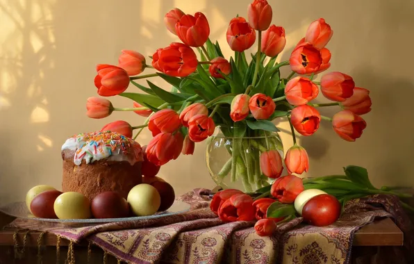 Картинка Пасха, тюльпаны, кулич, крашенки