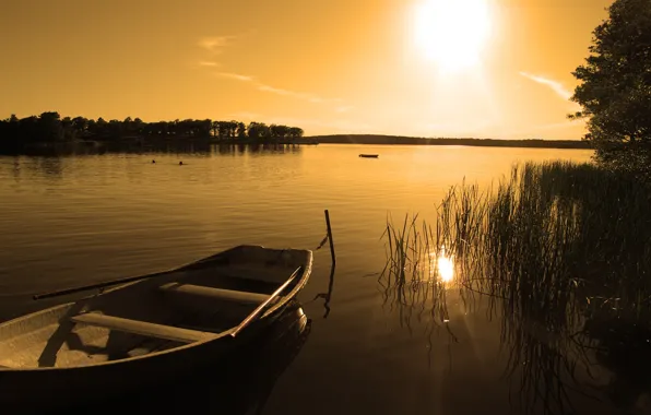 Картинка закат, природа, озеро, лодка