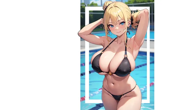 Kawaii, girl, hot, pool, nipples, boobs, anime, blue eyes