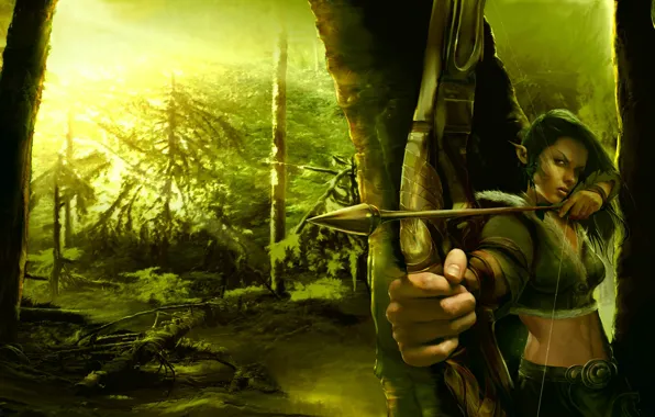 Лес, зеленый, лучница, арт, forest, art, elf, archer