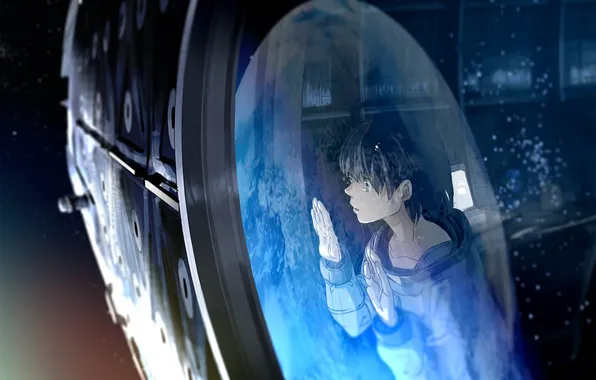 Картинка девушка, космос, корабль, аниме, слезы, арт, ноутбук, kurono-kuro