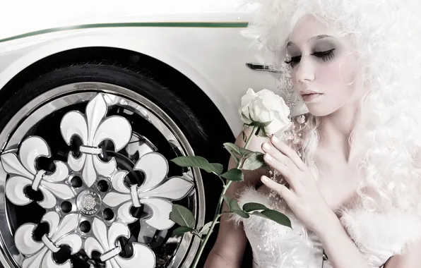 Картинка машина, девушка, белое, роза