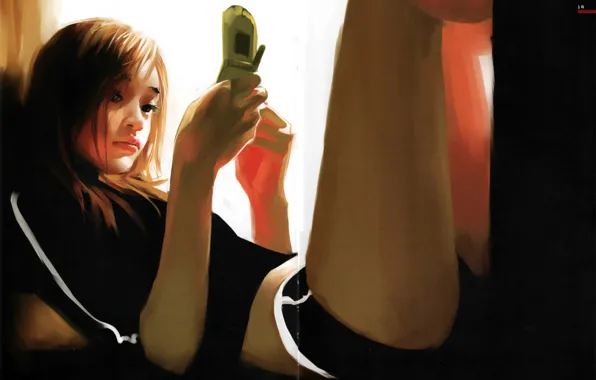 Картинка шорты, руки, телефон, шатенка, лежит на спине, Zhang Bin, by Benjamin