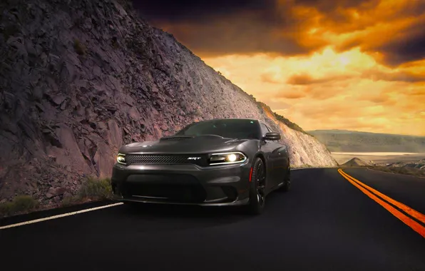 Картинка Dodge, Car, Clouds, Front, Charger, American, Hellcat, SRT